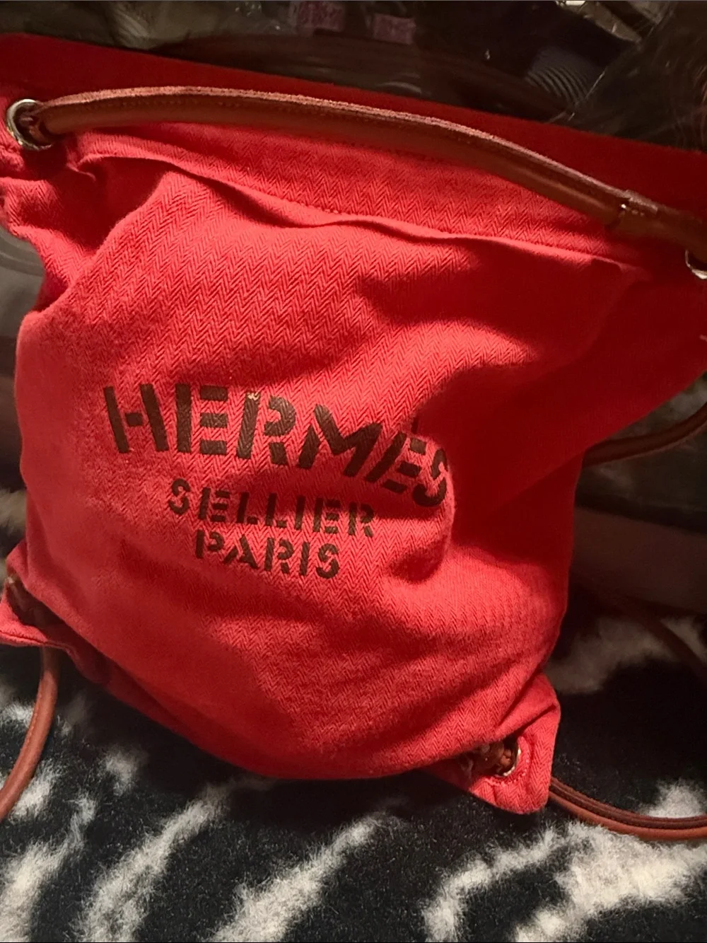 Hermes Red Canvas Drawstring Backpack with Brown Leather Straps